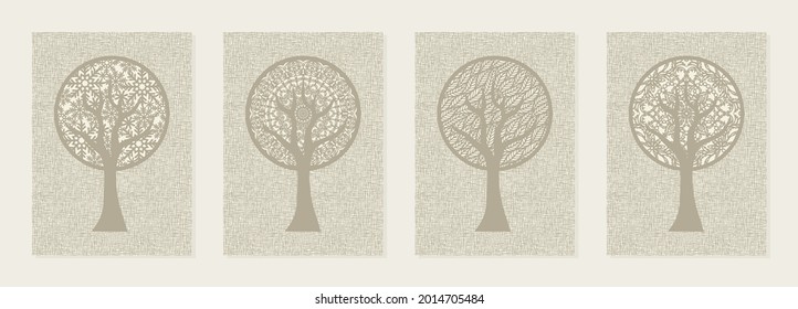 Conjunto de cuatro imágenes abstractas de pared. El tema de la temporada. Árboles estilizados de un beige pastel tranquilo. Corona redonda hecha de copos de nieve, hojas, patrones, adorno de mandala. Fondo texturizado - lienzo, lino