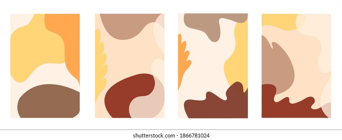 Conjunto de cuatro orígenes cálidos abstractos. La mano dibujó varias formas fluidas y objetos florales en colores de moda. Ilustraciones vectoriales modernas y modernas. Cada fondo está aislado en blanco. 