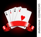 Set of four ace playing cards suits with red ribbon. Winning poker hand. Casino games web banner. Vector illustration