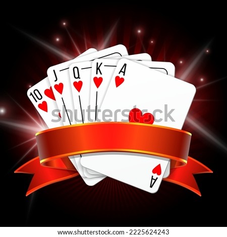 Set of four ace playing cards suits with red ribbon. Winning poker hand. Casino games web banner. Vector illustration