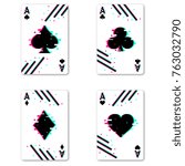 Set of four aces deck of cards for playing poker and casino with glitch effect. Vector illustration.