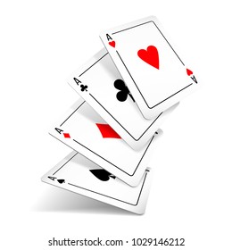 Set of four aces deck of cards for playing poker and casino on white background. spades, diamonds, clubs and hearts.