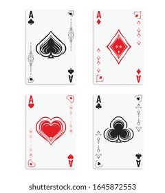 Set of four aces of a deck of cards for playing poker and casino on a white background in vintage style. spades, diamonds, clubs and hearts.