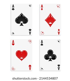 Set of four aces of a deck of cards for playing poker and casino on a white background in vintage style. spades, diamonds, clubs and hearts. Vector illustration.