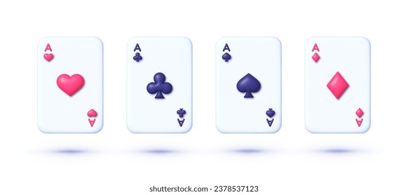 Juego de cuatro ases de cartas para jugar al póquer y al casino sobre fondo blanco. Tarjeta de póquer de casino Hearts and diamante, trajes negros y rojos. Ilustración del vector