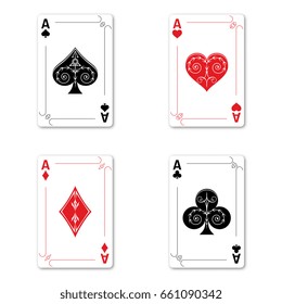 Set of four aces of a deck of cards for playing poker and casino on a white background. spades, diamonds, clubs and hearts.