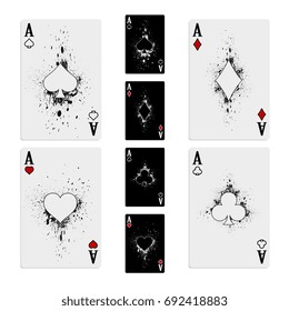 Set of four aces deck of cards for playing poker and casino on a white background in grunge style. Spades, diamonds, clubs and hearts. Vector illustration.