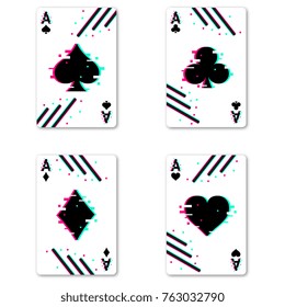 Set of four aces deck of cards for playing poker and casino with glitch effect. Vector illustration.