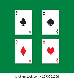 Set of four aces playing card isolated on green background. Vector