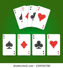 Set of four aces playing cards suits. Winning poker hand. Vector illustration.