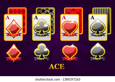 Set of four Aces playing cards suits for poker and casino. Set of hearts, spades, clubs and diamonds Ace.