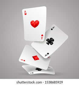 Set of four aces playing cards fly or falling. Poker hand