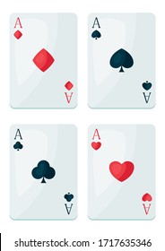 Set of four aces playing cards suit. On-board game or gambling for casino.