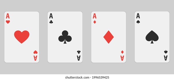 Set of four aces playing cards suits. Winning poker hand. Set of hearts, spades, clubs and diamonds ace.