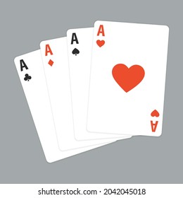 Juego de cuatro razas jugando a juegos de cartas. Ganando mano de póquer. Conjunto de corazones, espadas, palos y rocas de diamantes. Ilustración vectorial.