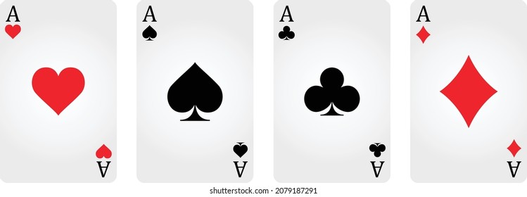 Set of four aces playing cards suits. Winning poker hand. Set of hearts, spades, clubs and diamonds ace