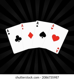 Set of four aces playing cards suits. Winning poker hand. Set of hearts, spades, clubs and diamonds ace