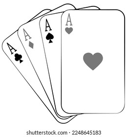 Set of four aces playing cards suits. Vector illustrations in hand drawn sketch style isolated on white. Winning poker hand. Casino icon in line art style.