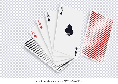 Conjunto de cuatro ases. Jugar cartas con símbolos de diamantes, palos, corazones, espadas aisladas en transparente. Objeto a jugar en casino, diseño de juegos, publicidad, publicidad de fiesta. 3.ª ilustración vectorial