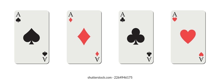 Set of four aces playing cards suits. Winning poker hand. Set of hearts, spades, clubs and diamonds ace. Vector illustration.