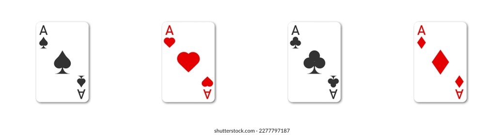 Set of four aces playing cards with shadows. Flat vector illustration.