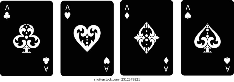 Set of four aces playing cards suits. Winning poker hand. Set of hearts, spades, clubs and diamonds ace.