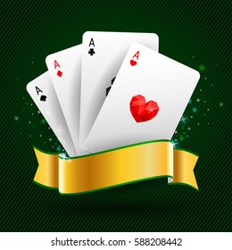 Set of four aces playing cards on green background with gold ribbon. Winning poker hand. JPG include isolated path. eps10