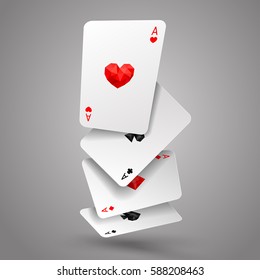 Set of four aces playing cards fly or falling. Winning poker hand. JPG include isolated path. eps10