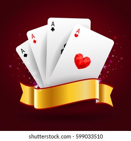 Set of four aces playing cards suits on red background with gold ribbon. Winning poker hand. eps10