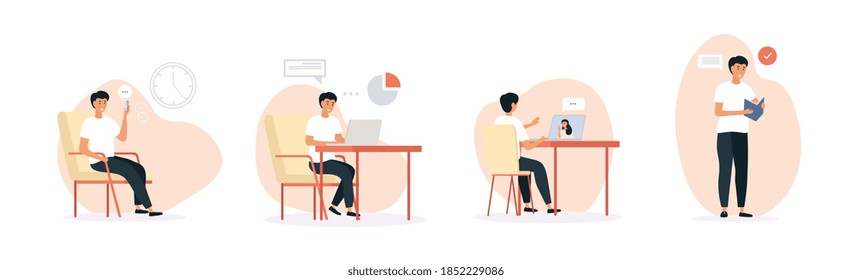 Set of four activities enjoyed by man using mobile, sitting working at a laptop and computer and reading, colored flat cartoon vector illustration with fictional chatacter isolated on white background