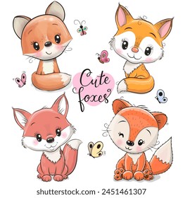 Set of four adorable cartoon foxes isolated on a white background