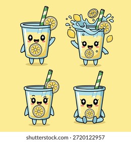 Conjunto de quatro vidros de limonada de desenhos animados adoráveis com rostos felizes e canudos, um respingo.