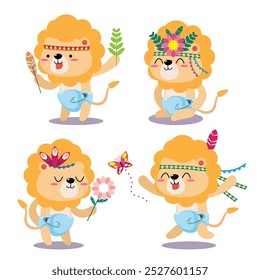 A set of four adorable cartoon lions dressed in tribal attire, featuring vibrant colors and playful designs, perfect for creative projects.