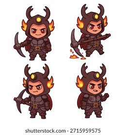 A set of four adorable cartoon miner characters, each holding a pickaxe and wearing a horned helmet with fiery accents, depicted in different poses.