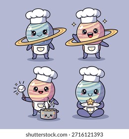 A set of four adorable cartoon planets dressed as chefs, engaged in various cooking activities, including stirring a pot and presenting a star-shaped dish.
