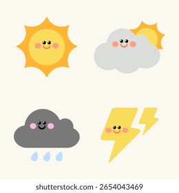 Um conjunto de quatro ícones de tempo de desenhos animados adoráveis com rostos sorridentes bonitos. Inclui elementos ensolarados, parcialmente nublados, chuvosos e com trovoadas. Ilustração de vetor plano para crianças e projetos de design bonitos