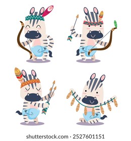 A set of four adorable cartoon zebras wearing colorful Native American headdresses and holding bows and arrows. vector illustration.