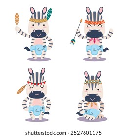 A set of four adorable cartoon zebras wearing colorful Native American headdresses and holding bows and arrows. vector illustration.