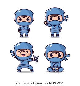 A set of four adorable chibi ninja characters in different poses, wearing blue outfits and masks.