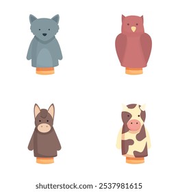 Set of four adorable and colorful animal finger puppets isolated on a white background