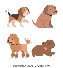 Conjunto de cuatro adorables razas de perros diferentes de pie juntos en una pose amigable Hermosos amigos cachorros incluyendo husky poodle beagle y perro marrón en estilo de ilustración plana para los amantes de las mascotas y el concepto de comunidad animal