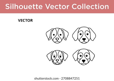 Un conjunto de cuatro adorables siluetas de cabeza de perro, renderizado en un estilo de Vector de arte de línea limpia, perfecto para diseños e ilustraciones relacionados con mascotas.