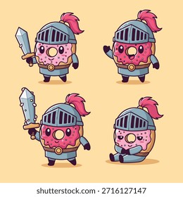 Um conjunto de quatro adoráveis personagens de rosquinha vestidos como cavaleiros, segurando espadas e escudos, em várias poses.