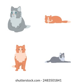 Set of four adorable illustrated cats, featuring different colors and poses, perfect for petthemed designs