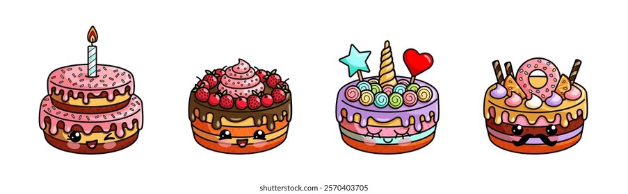 A set of four adorable kawaii-style cakes, each with unique decorations such as candles, fruit, unicorn horns, and donuts. These cheerful, colorful illustrations are perfect for children's products.