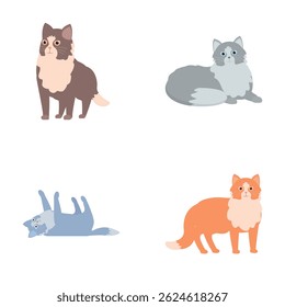 Set of four adorable and stylized cartoon cats showcasing different colors and poses