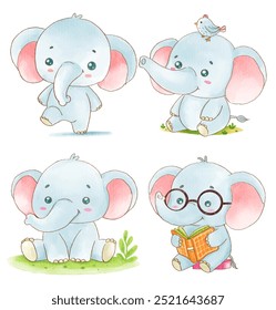 Set of four adorable watercolor elephants in various poses with a soft pastel color.