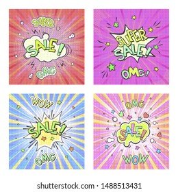 Set of four advertising pop art cards in retro comic style. Speech bubble with text SALE! And stickers WOW, OMG, SUPER. Vector background. 