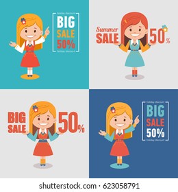 Set of four advertising shopping labels. Summer sale, big sale 50 percent. Banners seasonal discounts with character girl