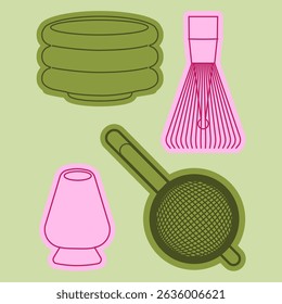 Un ensemble de quatre autocollants esthétiques sur le thème du matcha avec des outils de matcha traditionnels : un fouet de bambou (chasen), un tamis à mailles fines, un bol de matcha (chawan) et une cuillère de matcha (chashaku)
